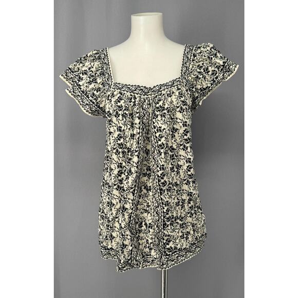 Max Studio Blouse Womens Medium Black White Floral Boho Peasant Cottagecore Folk - Picture 1 of 9